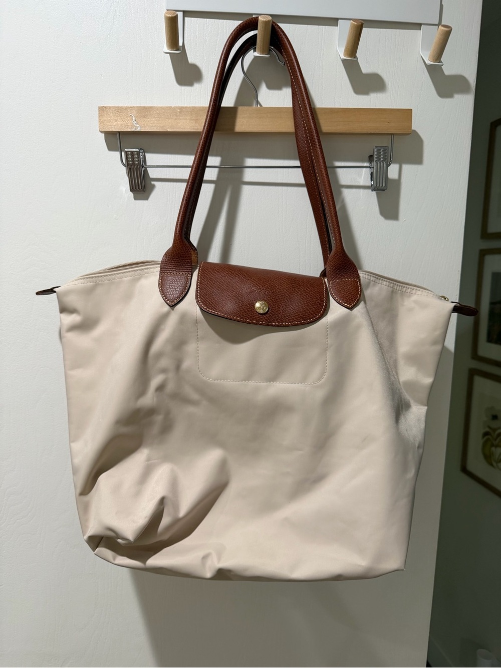 Longchamp Cream Tote with Brown Leather Trim and Handles LARGE